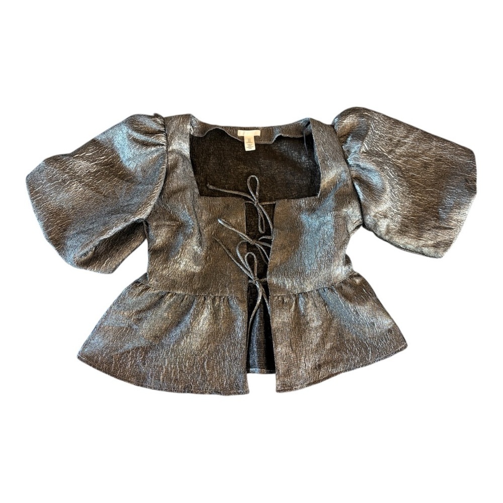 H&M Shimmery Puff Sleeve Open Tie Shirt Blouse - Metallic Silver Black Medium